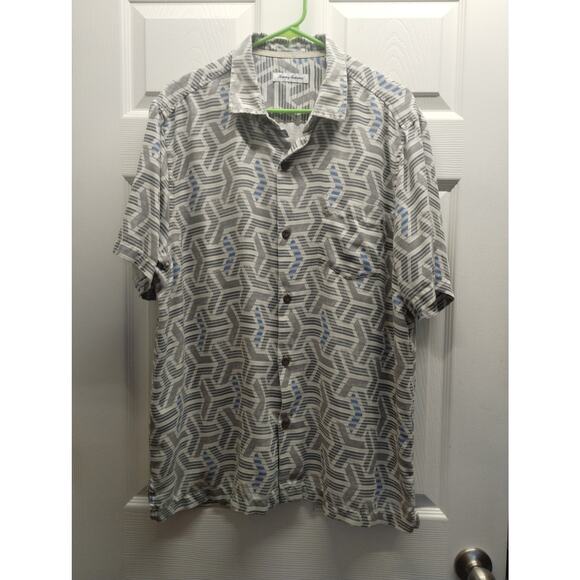 Tommy Bahama Men's Size Large Gray Blue Geometric Button Up Silk Blend Shirt - Picture 1 of 6
